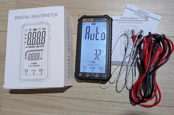 電池付 大画面 6000カウントデジタルテスター Auto 電圧 電流 抵抗 容量 周波数 温度 K熱電対 黒