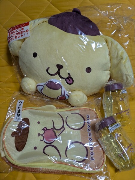 【4点セット】サンリオ当りくじ ポムポムプリン当りくじ ラストスペシャル賞 顔型クッション/収納バッグ/クリアボトル 2025年5月