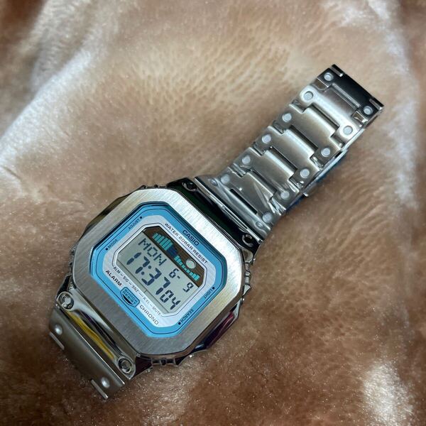 送料無料 フルメタル カスタム Gショック シルバー GLX-5600A ベルベゼ交換品 タイドグラフ サーフィン G-SHOCK CASIO スピード 釣り