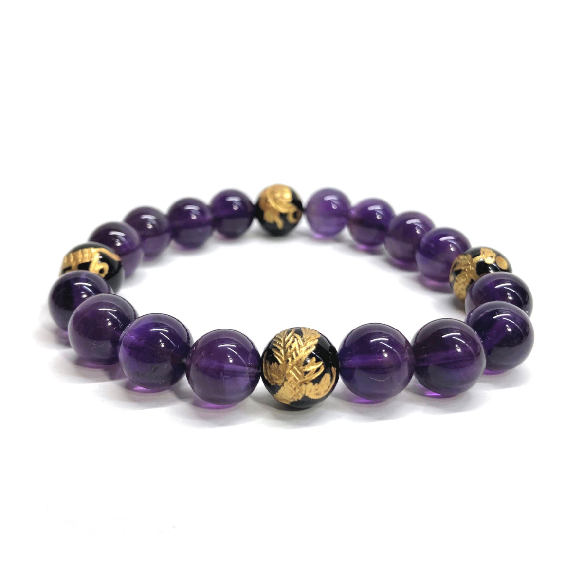 10mm 四神獣金彫オニキス×アメジスト パワーストーン ブレスレット天然石 運