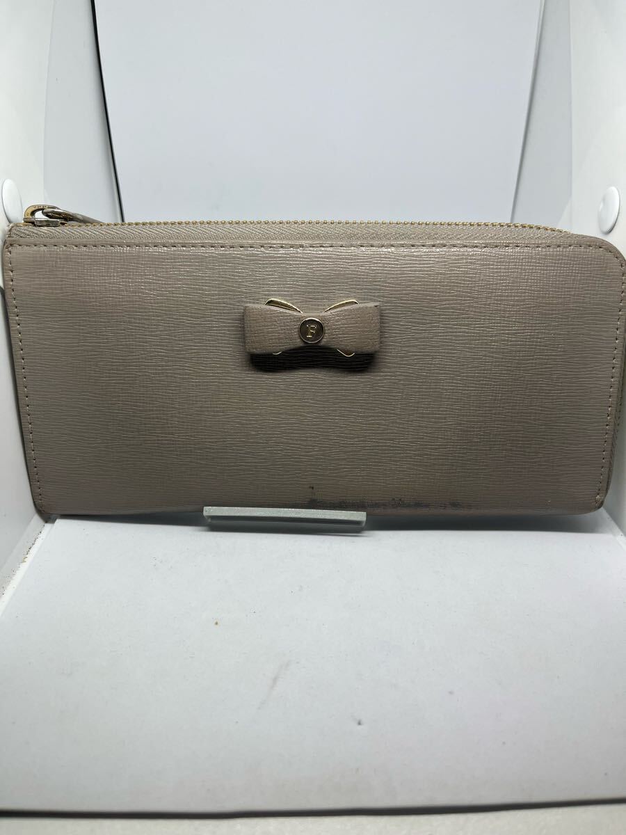 FURLA L字ファスナー長財布　レザー　グレー　ロングウォレット　リボン　レデ