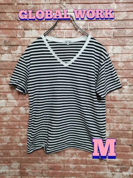 【GLOBAL WORK】ボーダー Vネック 半袖Tシャツ 白黒 M