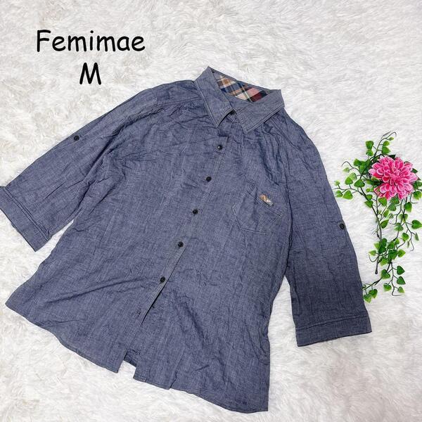 3644Femimae【M】ポロシャツ チェック襟 裾上げボタン コットン
