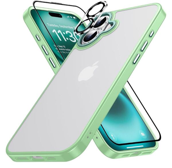 iphone 16ケース 半透明 BB1861 カメラ保護ガラスフィルム付き アイフォン16ケース 耐衝撃 米軍MIL規格 アイホン グリーン マット感