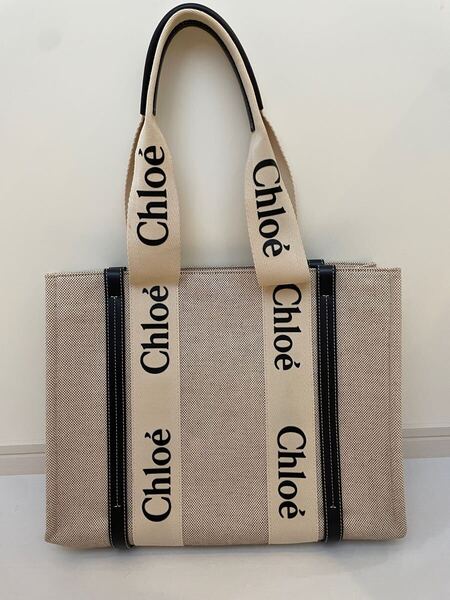 クロエ リネン製WOODYトートバッグ ミディアム ウッディトート ブラック Chlo Woody 黒 CHLOE キャンバス