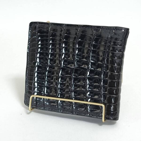【未使用品・艶有り】クロコダイル(ワニ革)二つ折り財布 小銭入れ有 ブラック / エキゾチックレザー