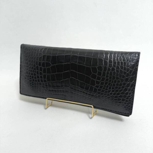 【未使用品・艶消】両面 クロコダイル(ワニ革)長財布 二つ折り 小銭入れ ウォレット ブラック / クロコ 鰐革 BMWF-854