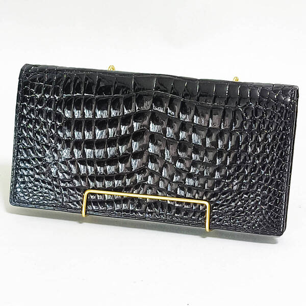 【未使用品・艶有り】両面 クロコダイル(ワニ革)長財布 二つ折り 小銭入れ ウォレット ブラック / エキゾチックレザー BMW-264