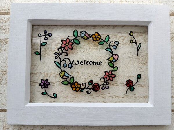 送料込!ステンドグラス風 お花と小鳥のリース welcome グラスアート イラストプレゼント ハンドメイド インテリア雑貨