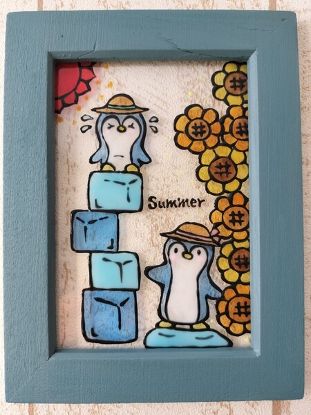 送料込!ステンドグラス風 ペンギンとひまわり 夏 グラスアート イラストプレゼント ハンドメイド インテリア雑貨