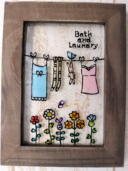 送料込!ステンドグラス風 bath&Laundry お風呂場 バスルーム グラスアート イラストプレゼント ハンドメイド インテリア雑貨
