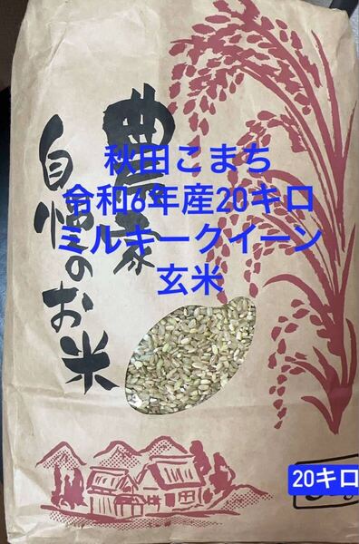 秋田こまち令和6年産20キロミルキークイーン玄米 自然農法 農薬無し