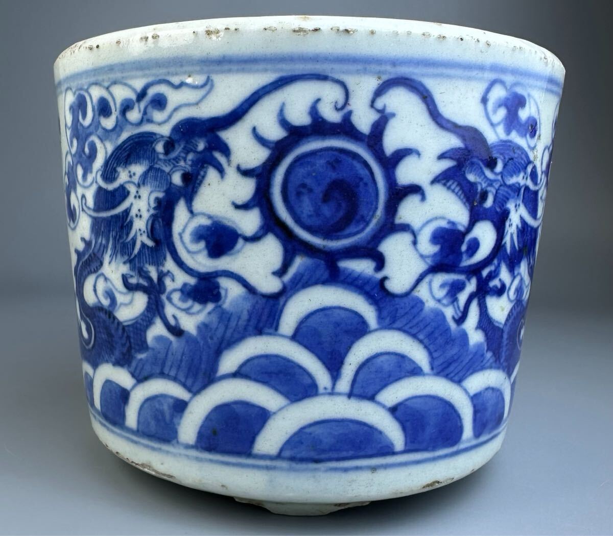 中国美術 青花 条紋 香炉 道光年製 φ11.1cm(A252)