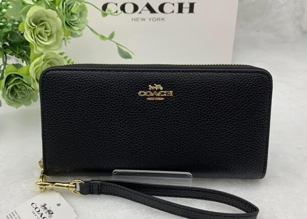 コーチ COACH 長財布 財布 プレゼント 贈り物 ギフト ロング ジップ ストラップ付き ブラック黒 シンプル 誕生日 記念日 ブランド C215