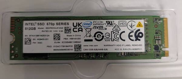 【9470時間】送料無料!★INTEL 670p SSDPEKNU512GZH 512GB★NVMe PCIe3.0×4★M.2 Type 2280★正常動作確認済み