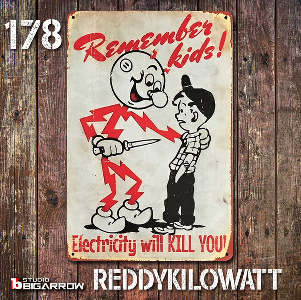 178 ブリキ看板 20×30㎝ REDDY KILOWATT レディキロワット 感電注意 ガレージ メタルプレート アメリカン雑貨 USフェンス 世田谷ベース
