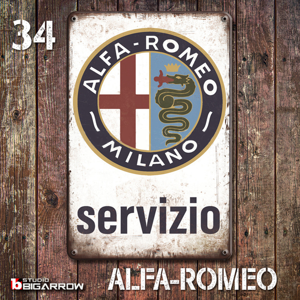 34 ブリキ看板 20×30㎝ ALFAROMEO アルファロメオ ガレージ メタルプレート アメリカンインテリア USフェンス 世田谷ベース