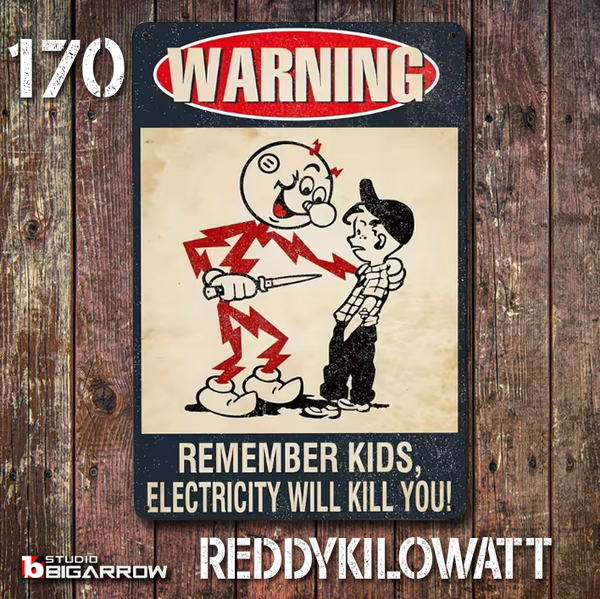 170 ブリキ看板 20×30㎝ REDDY KILOWATT レディキロワット 感電注意 ガレージ メタルプレート アメリカン雑貨 USフェンス 世田谷ベース