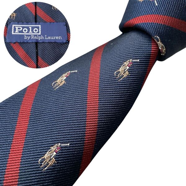 『菱屋』名作!Polo by Ralph Lauren ネクタイ レジメンタル ホースロゴ刺繍 総柄 ネイビー レッド ポロバイラルフローレン 80年代 日本製