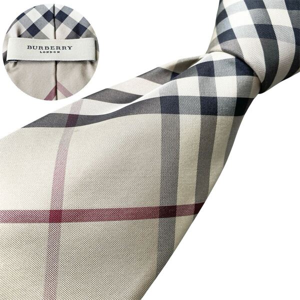 美品 BURBERRY LONDON バーバリーロンドン ネクタイ ノバチェック ベージュ チェック イタリア製 シルク素材 パーティー 結婚式 披露宴