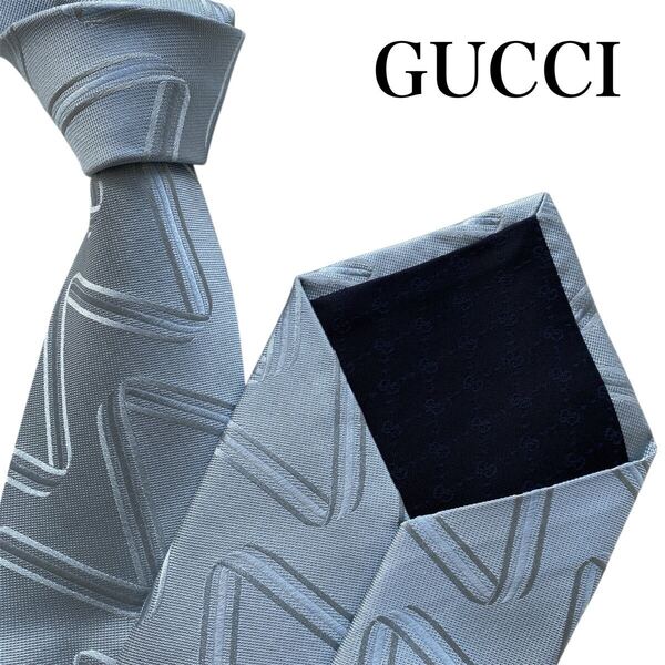 未使用級!GUCCI グッチ ネクタイ 『トムフォード期』極美品 スカイブルー イタリア製 シルク素材 裏地GG総柄 結婚式 披露宴 パーティー