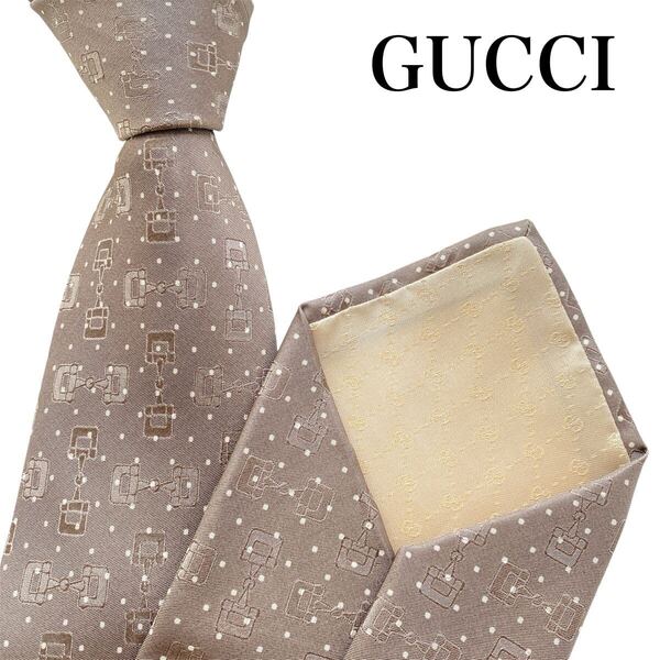 未使用級!GUCCI グッチ ネクタイ 『トムフォード期』極美品 ドット柄 ホースビット総柄 ブラウン イタリア製 シルク素材 裏地GG総柄