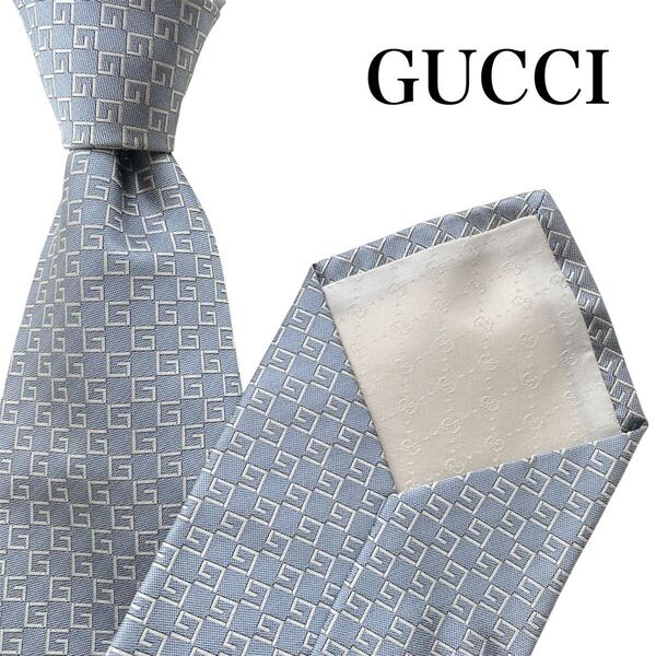 未使用級!GUCCI グッチ ネクタイ 『トムフォード期』極美品 スカイブルー 水色 イタリア製 シルク Gロゴ総柄 結婚式 披露宴 パーティー