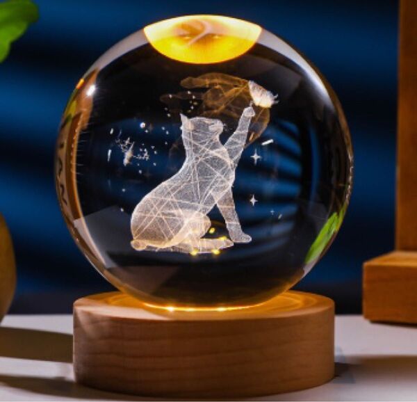ガラスボール ねこ3D 猫 LEDライト 間接照明 ランプ クリスタルボール猫