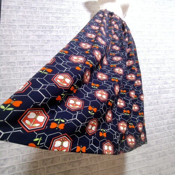花柄*マキシスカート ロングスカート ゴムスカート ハンドメイド!着物リメイク 昭和レトロ柄 絣柄