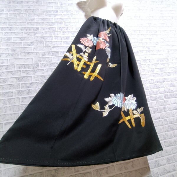 お花*♪総刺繍 黒留袖*ゴムスカート*着物リメイク ハンドメイド ロングスカート 豪華 マキシスカート