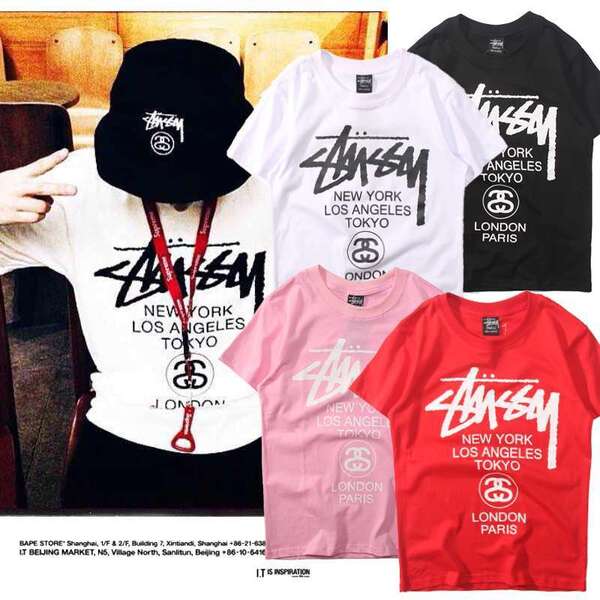 メンズ レディース STUSSY 半袖Tシャツ ブラック M カジュアル ストリートウェア サマー 2024 人気 韓国風ファッション y2k