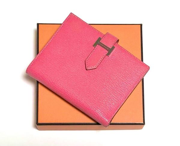 未使用☆正規品 エルメス HERMES 折財布 ベアン コンパクト BEARN ローズリップスティック ピンク シェーブル シルバー金具