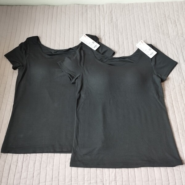 まとめ 2点 セット 未使用 ユニクロ エアリズムリブブラTシャツ シルクブレンド 半袖 L 黒 ブラ エアリズム ブラT Tシャツ 匿名 送料無料