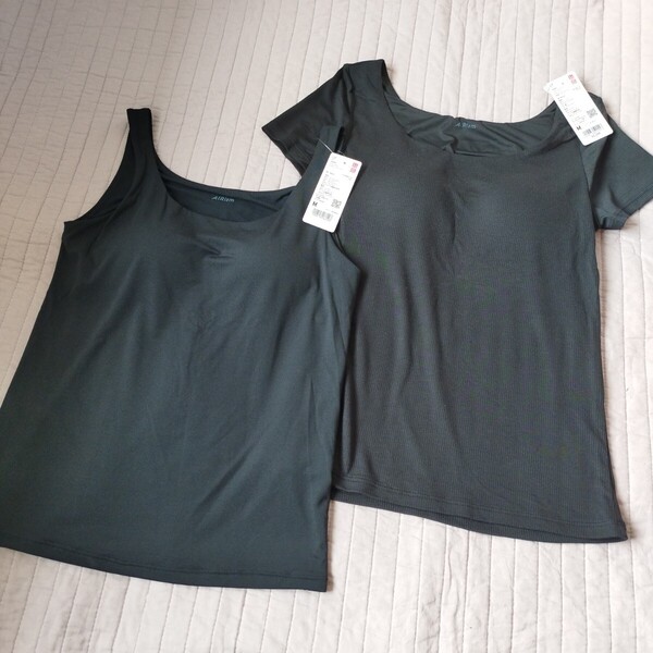 まとめ 未使用 ユニクロ エアリズム M 黒 2点 セット ブラタンクトップ エアリズムリブブラTシャツ シルクブレンド 半袖 匿名 送料無料