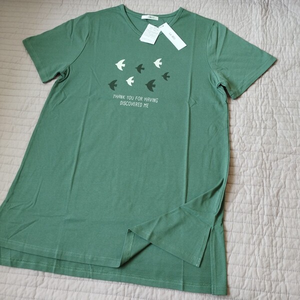 未使用 vネック 半袖 Tシャツ ロング丈 チュニック 綿100 LL 洗濯機洗い 緑 鳥 uvカット 接触冷感 ●色柄違い出品中 匿名 送料無料