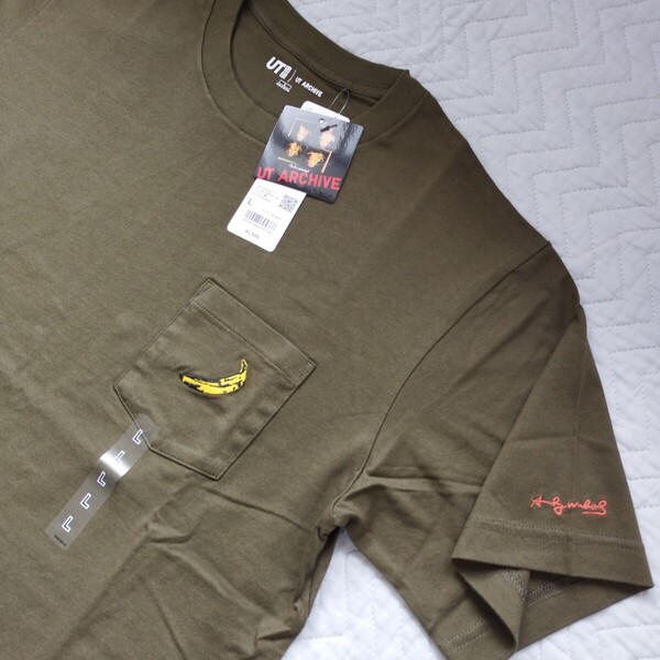 1点のみ 未使用 ユニクロ UT アーカイブ 半袖 アンディウォーホル Tシャツ L men オリーブ 胸ポケット ワンポイント 綿100 匿名 送料無料
