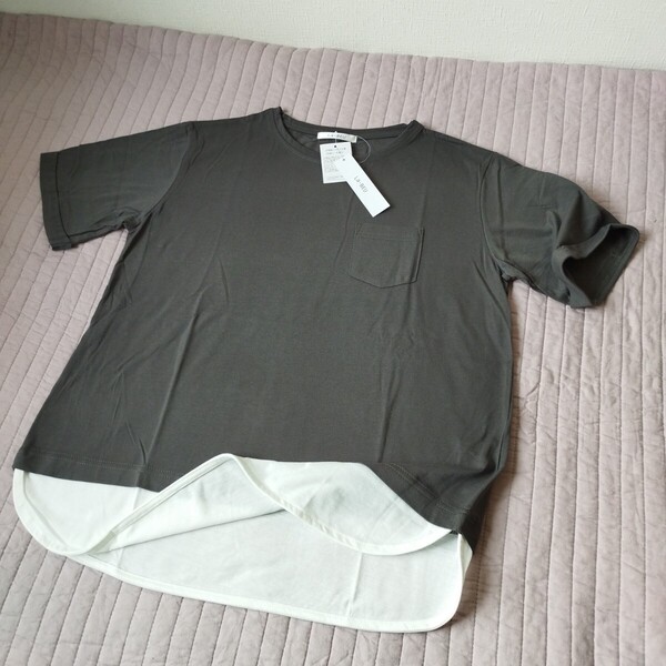 1点のみ 未使用 吸汗速乾 Tシャツ 重ね着風 半袖 ゆったり 大きめ M チャコールグレー 胸ポケット 裾ラウンド 色違い出品中 匿名 送料無料