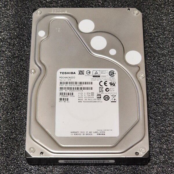 【送料無料】TOSHIBA MD04ACA200 2000GB/2TB 3.5インチ内蔵HDD 2015年製 フォーマット済み 正常品 PCパーツ 動作確認済