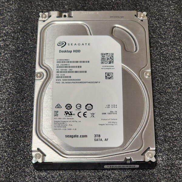 【送料無料】SEAGATE DESKTOP ST3000DM001-1ER166 3TB 3.5インチ内蔵HDD 2016年製 フォーマット済み 正常品 PCパーツ 動作確認済