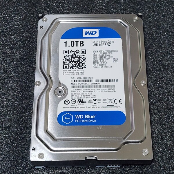 【送料無料】WesternDigtal WD Blue WD10EZRZ-00HTKB0 1TB 3.5インチ内蔵HDD 2016年製 フォーマット済み 正常品 PCパーツ 動作確認済