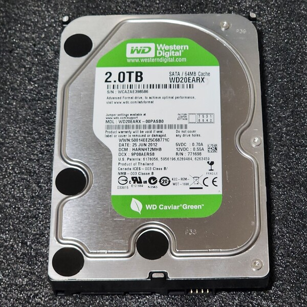 【送料無料】WesternDigtal WD Caviar Green WD20EARX-00PASB0 2TB 3.5インチ内蔵HDD 2012年製 フォーマット済 正常品 PCパーツ 動作確認済