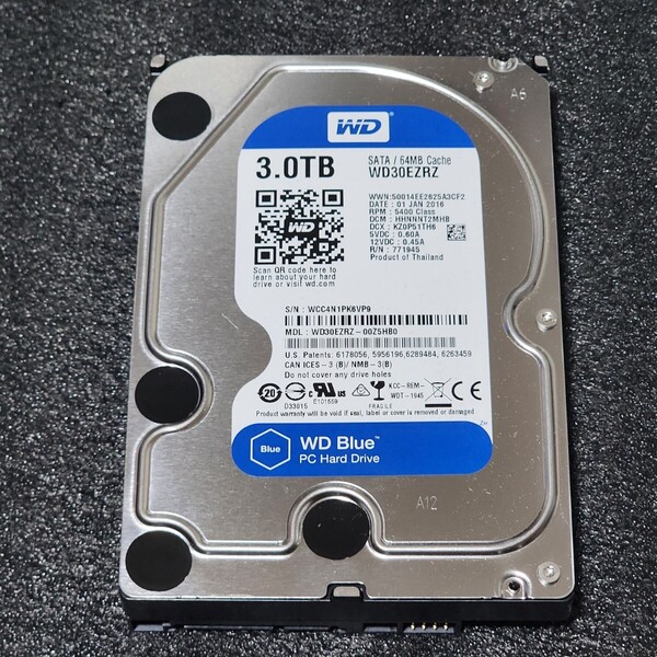 【送料無料】WesternDigtal WD Blue WD30EZRZ-00Z5HB0 3TB 3.5インチ内蔵HDD 2016年製 フォーマット済み 正常品 PCパーツ 動作確認済