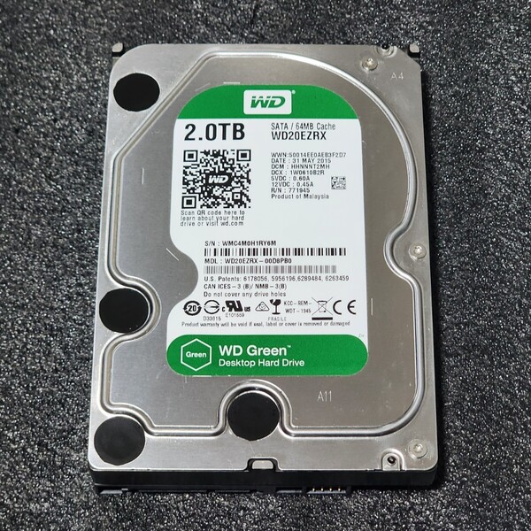 【送料無料】WesternDigtal WD Green WD20EZRX-00D8PB0 2TB 3.5インチ内蔵HDD 2015年製 フォーマット済み 正常品 PCパーツ 動作確認済