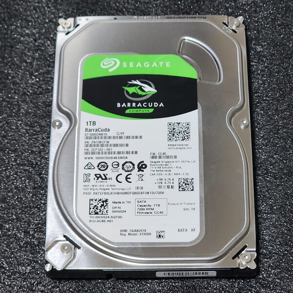 【送料無料】SEAGATE BARRACUDA ST1000DM010-2EP102 1TB 3.5インチ内蔵HDD 2019年製 フォーマット済み 正常品 PCパーツ 動作確認済