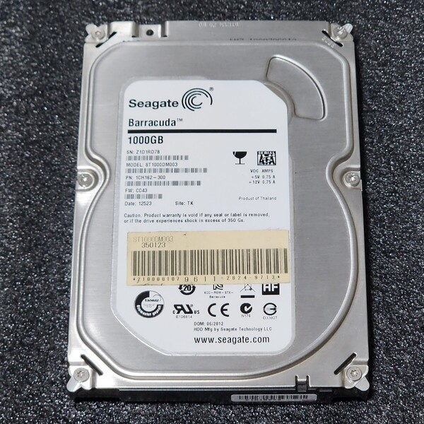 【送料無料】SEAGATE BARRACUDA ST1000DM003-1CH162 1TB 3.5インチ内蔵HDD 2012年製 フォーマット済み 正常品 PCパーツ 動作確認済