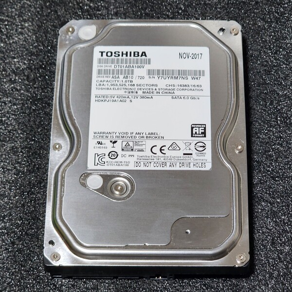 【送料無料】TOSHIBA DT01ABA100V 1000GB/1TB 3.5インチ内蔵HDD 2017年製 フォーマット済み 正常品 PCパーツ 動作確認済
