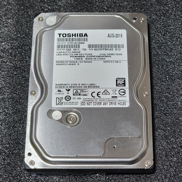 【送料無料】TOSHIBA DT01ACA050 500GB 3.5インチ内蔵HDD 2015年製 フォーマット済み 正常品 PCパーツ 動作確認済