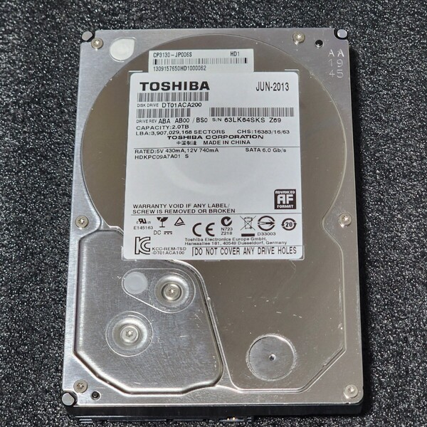 【送料無料】TOSHIBA DT01ACA200 2000GB/2TB 3.5インチ内蔵HDD 2013年製 フォーマット済み 正常品 PCパーツ 動作確認済 (1)