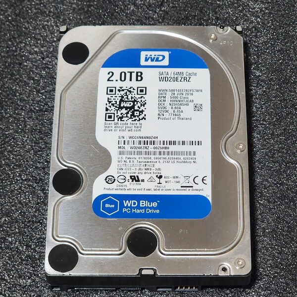 【送料無料】WesternDigtal WD Blue WD20EZR-00Z5HB0 2TB 3.5インチ内蔵HDD 2016年製 フォーマット済み 正常品 PCパーツ 動作確認済