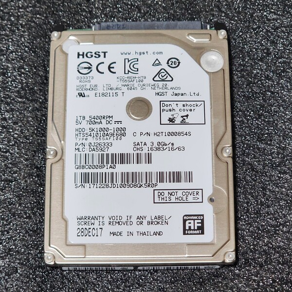 【送料無料】HGST HTS541010A9E680 1000GB/1TB 2.5インチ内蔵HDD 2017年製 フォーマット済み 正常品 PCパーツ 動作確認済